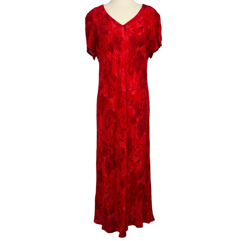 Vintage Jeffrey & Dara Red Floral Rayon Maxi Dress Womens 16‎ V Neck 90s